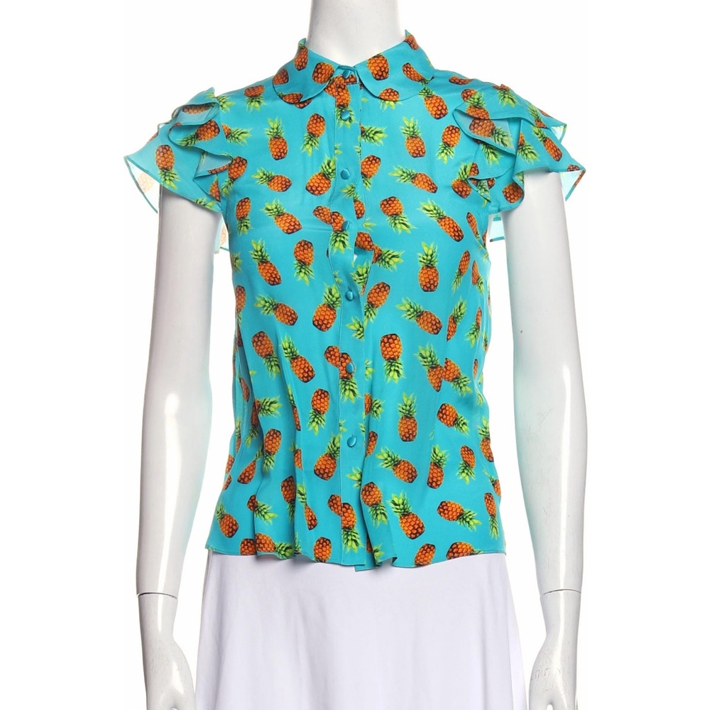 Adorable Alice + Olivia Silk Pineapple Print Blue Women's Blouse Top